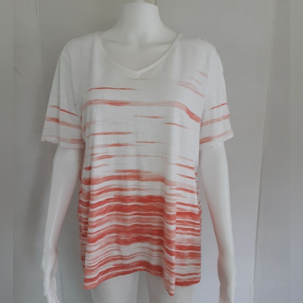 CHICO'S Orange|White Stripe 100% Organic Cotton Open Front Cardigan Twinset Sz 2 - Picture 2 of 9